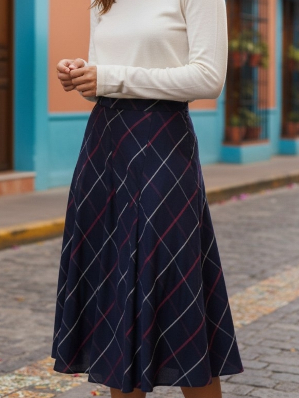 Women's Club Monaco Navy Red Plaid Midi Skirt Size 8 14.5W x 31L